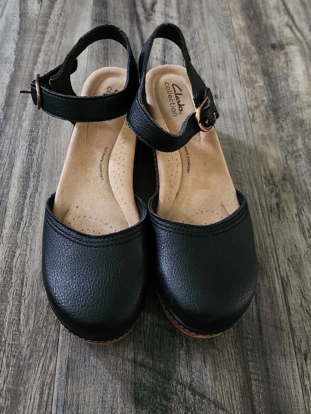 Clarks Paizlee Bay Black Leather Clog Wood-Effect Platform Ankle Strap Sandals - Picture 3 of 10